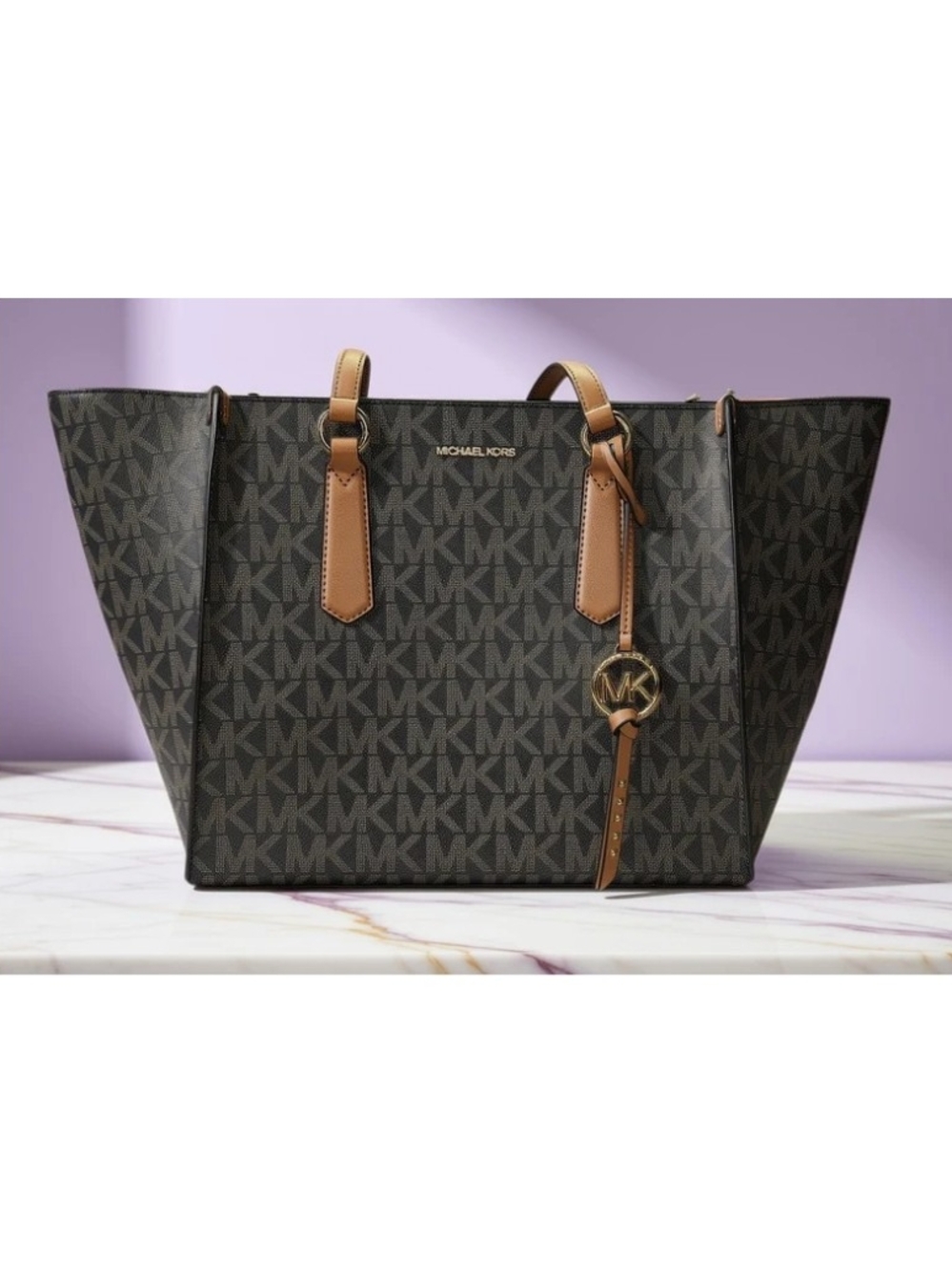 Michael Kors Brown MK Monogram Tote with Tan Trim